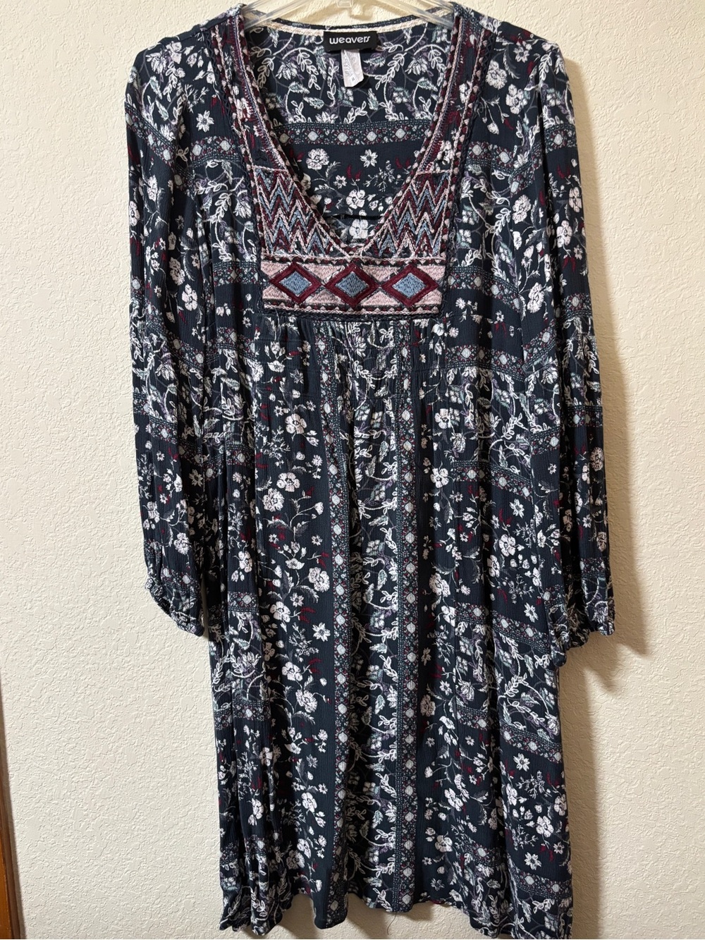 Weavers Black Floral Long Sleeve Dress with Embroidered Yoke